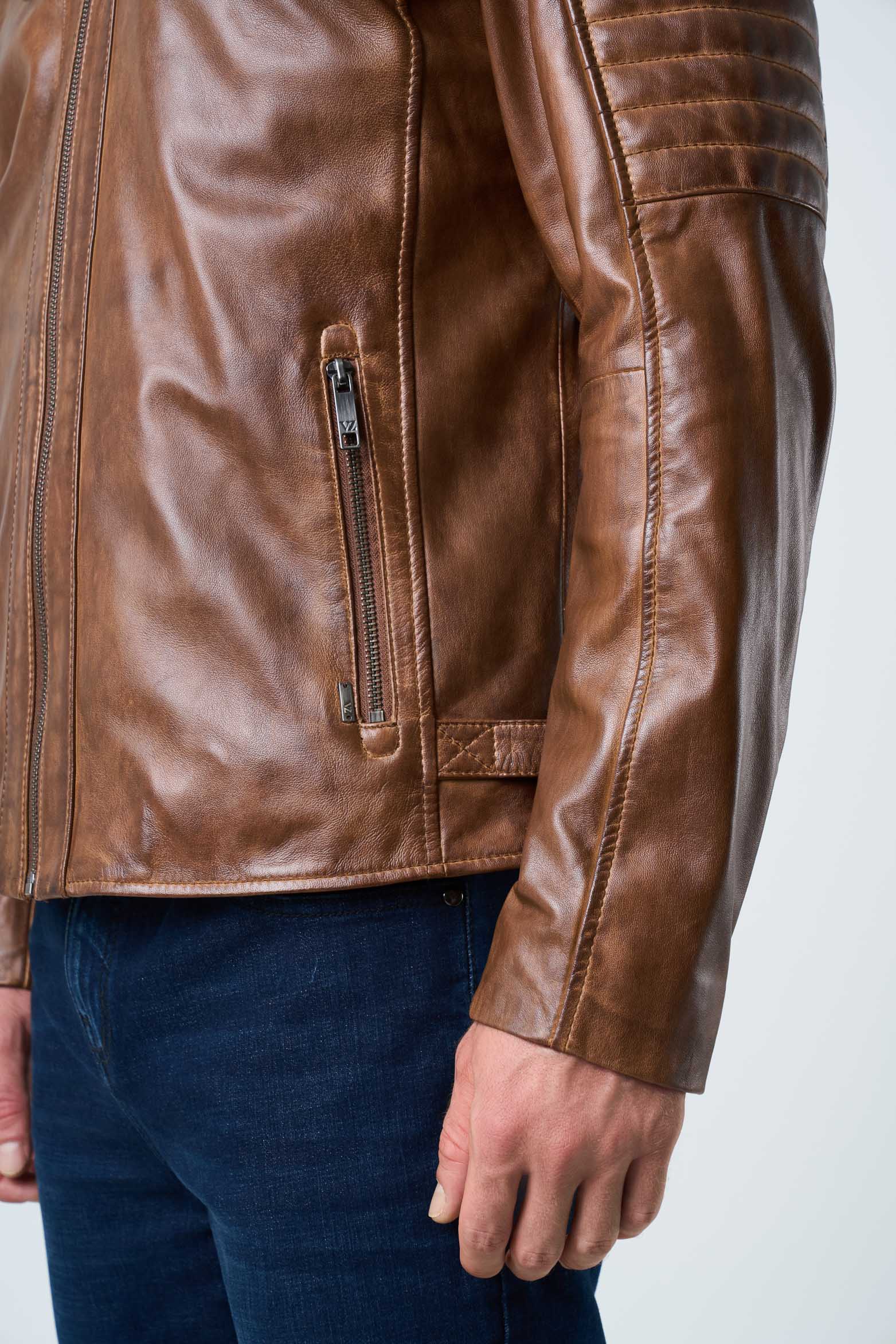 Belmont Leather Jacket for Men with Hood and Chestpiece Honey