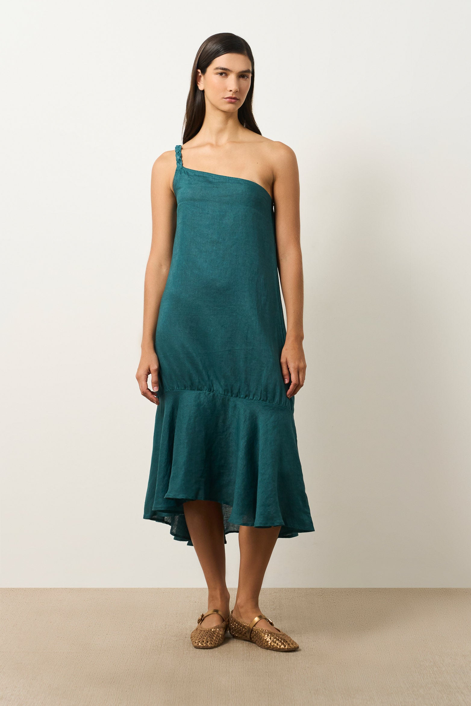 Aurora midi linen dress for women with braided strap