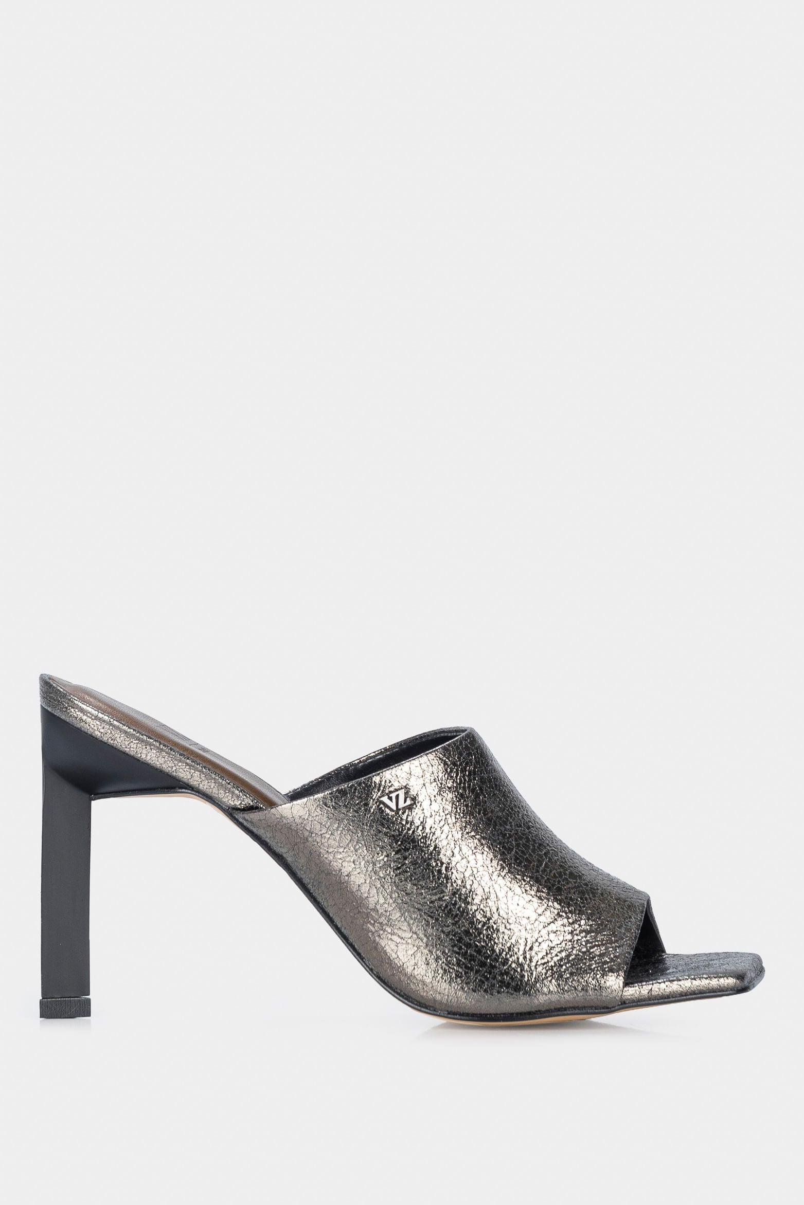 Women’s Ankara Heeled Mules in Black Metallized Leather with Square Toe