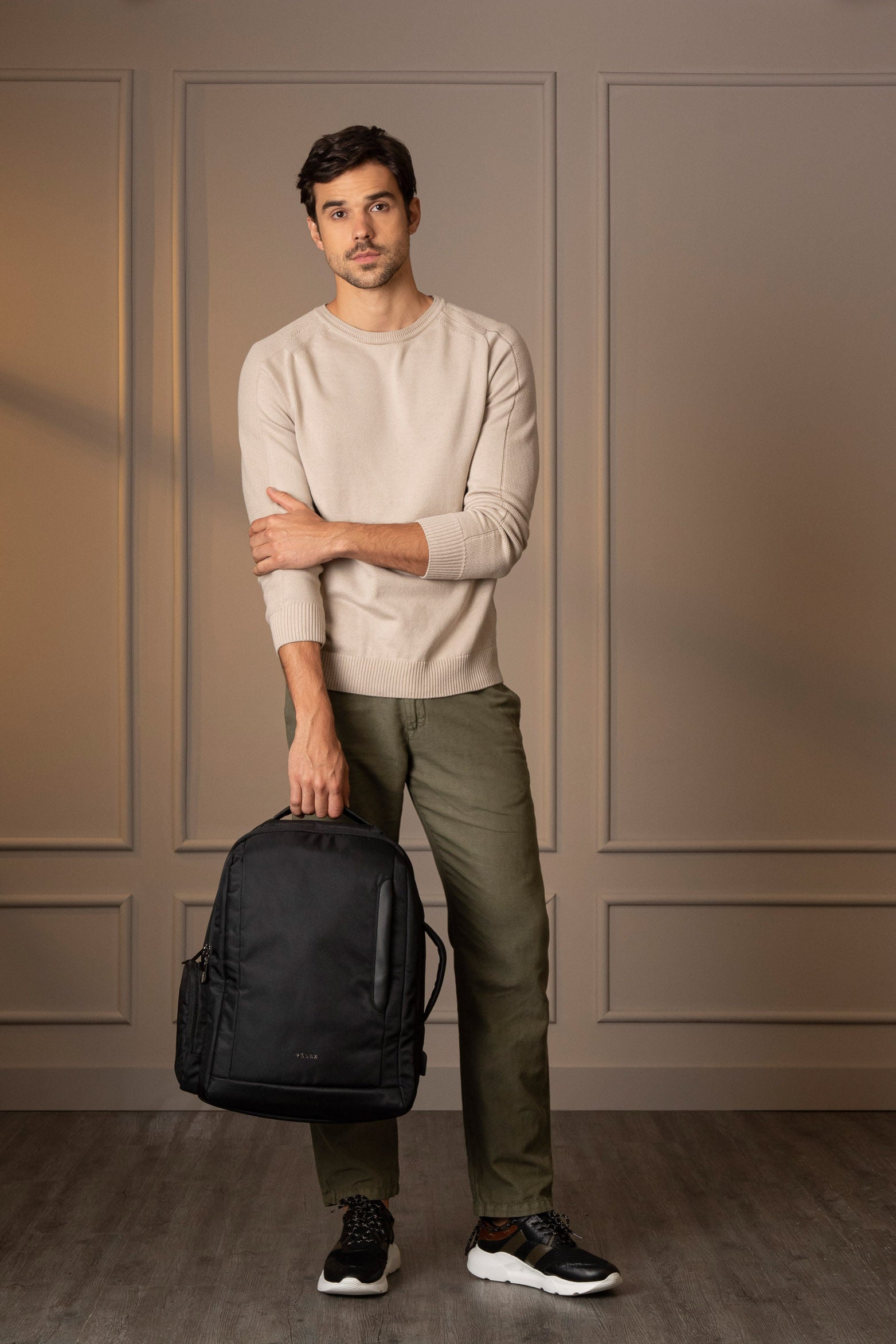 Men’s Casual Leather and Canvas Backpack in Black