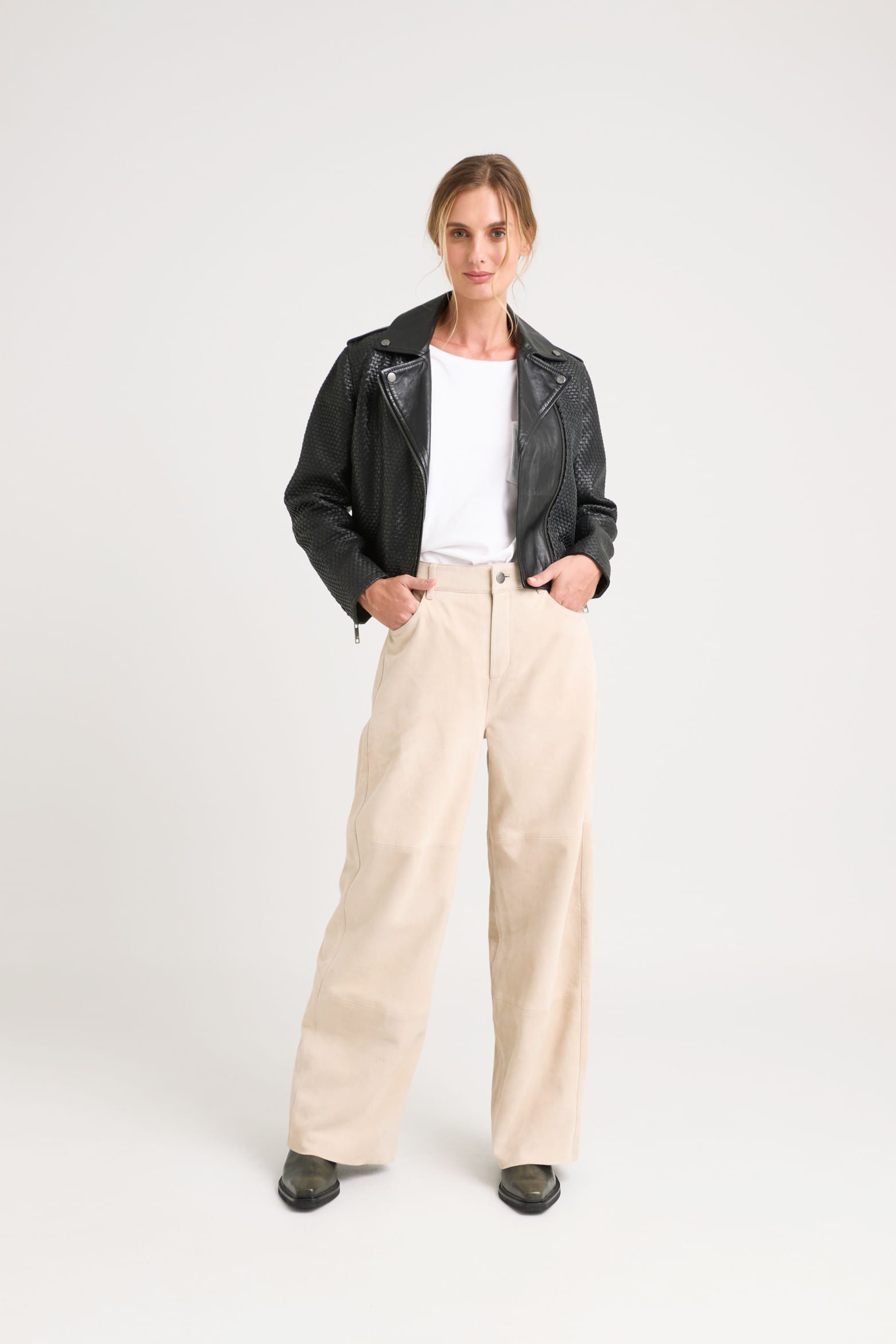 Claire Leather Woven Biker Jacket for Women – Velez Artisan