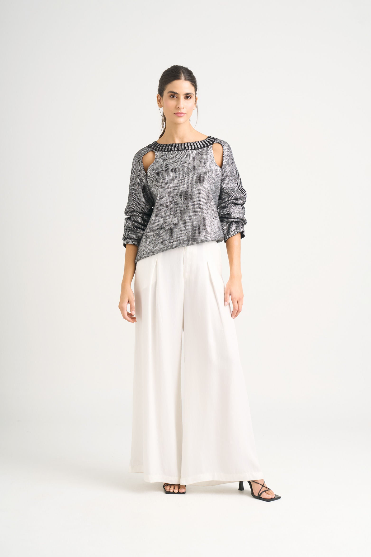 Star straight-knit sweater for women with metallic effect