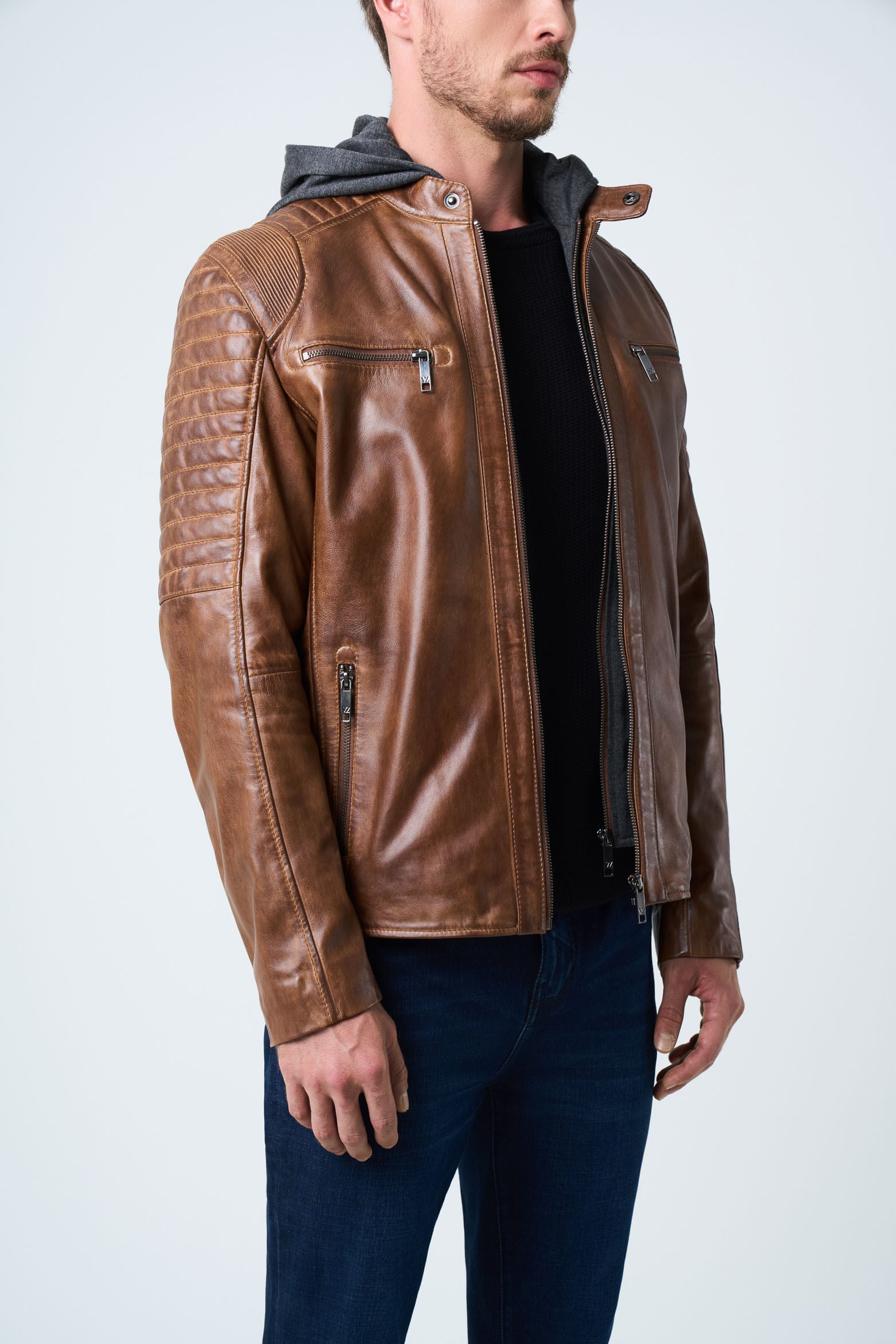 Belmont Leather Jacket for Men with Hood and Chestpiece Honey