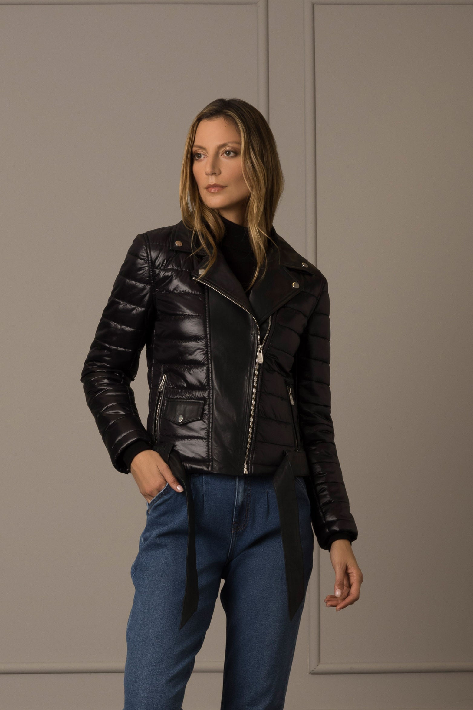 Women’s Soul Biker-Style Puffer Jacket in Leather