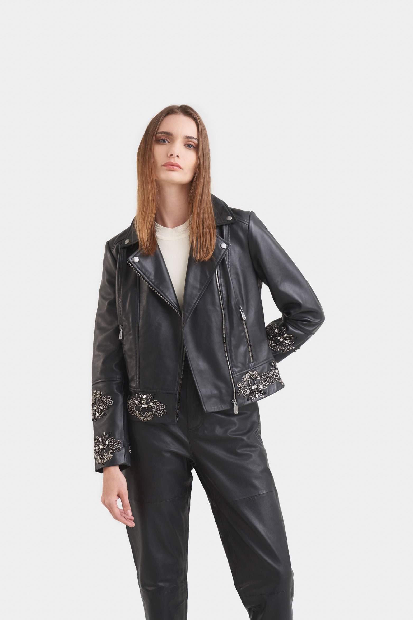 Iris Leather Biker Jacket for Women with Embroidered Rhinestone Details