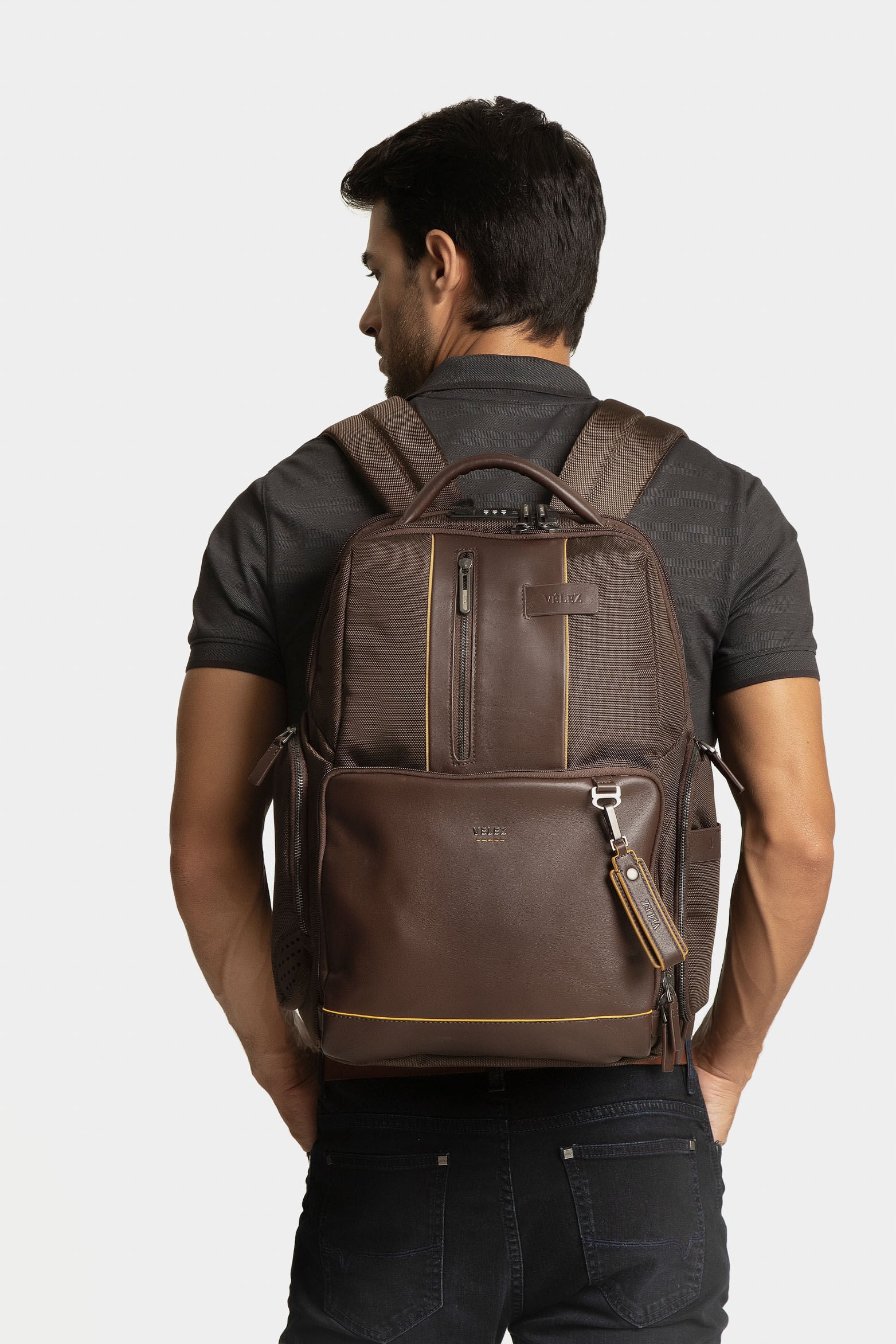Men’s Security Sport Backpack in Brown Canvas with Leather Accents