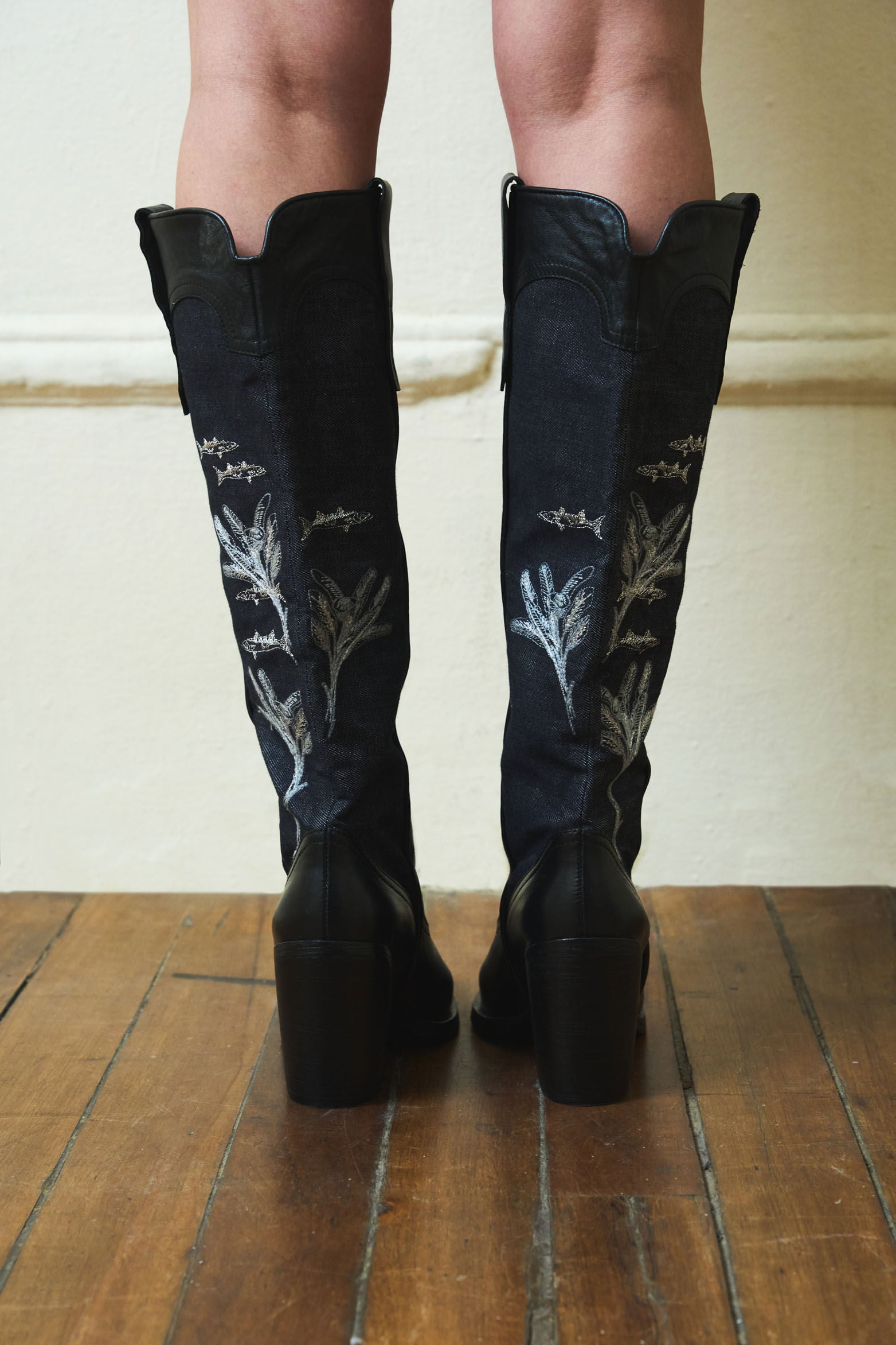 Linaje Boots in Denim and Leather for Women Texan Silhouette