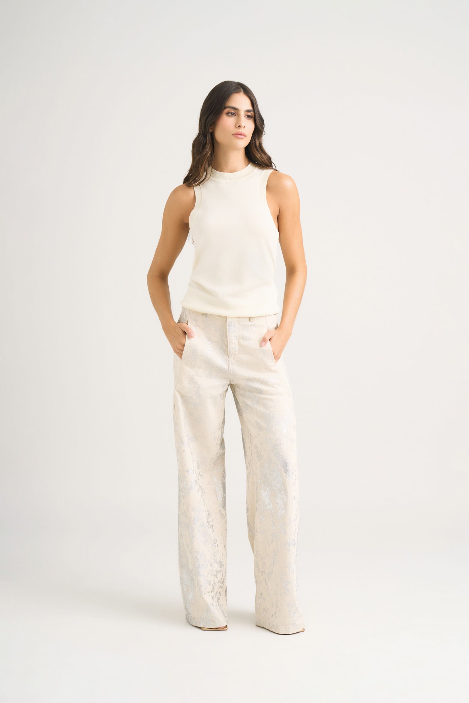 Rectilinear Knit Tank Top for Women Sleeveless Cream