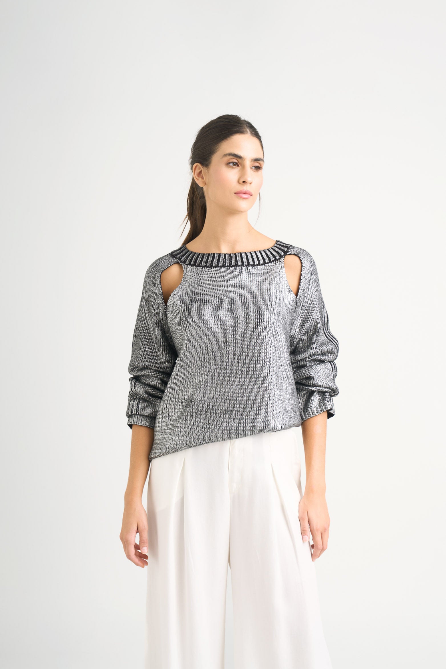 Star straight-knit sweater for women with metallic effect