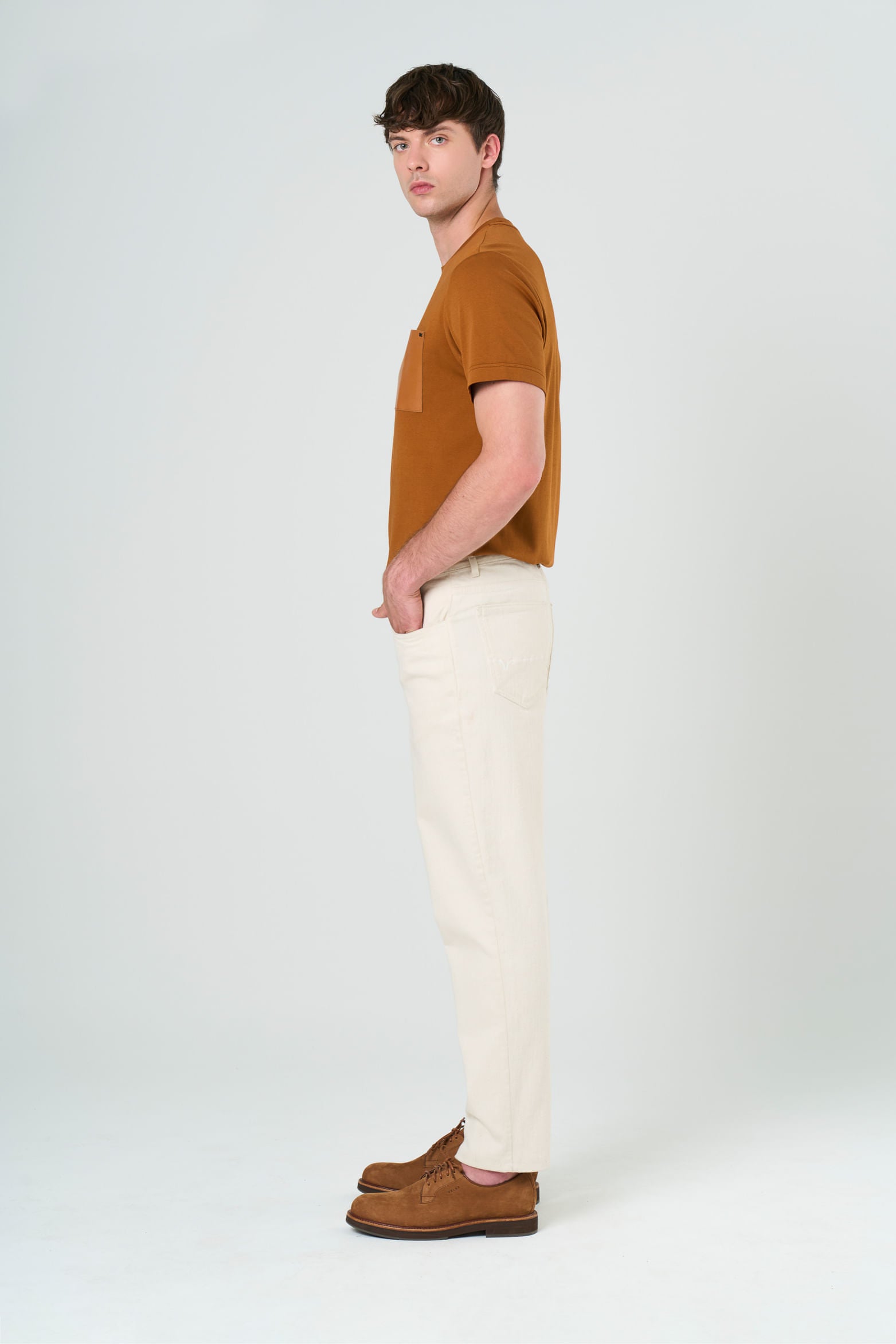 Men's cotton T-shirt with leather pocket