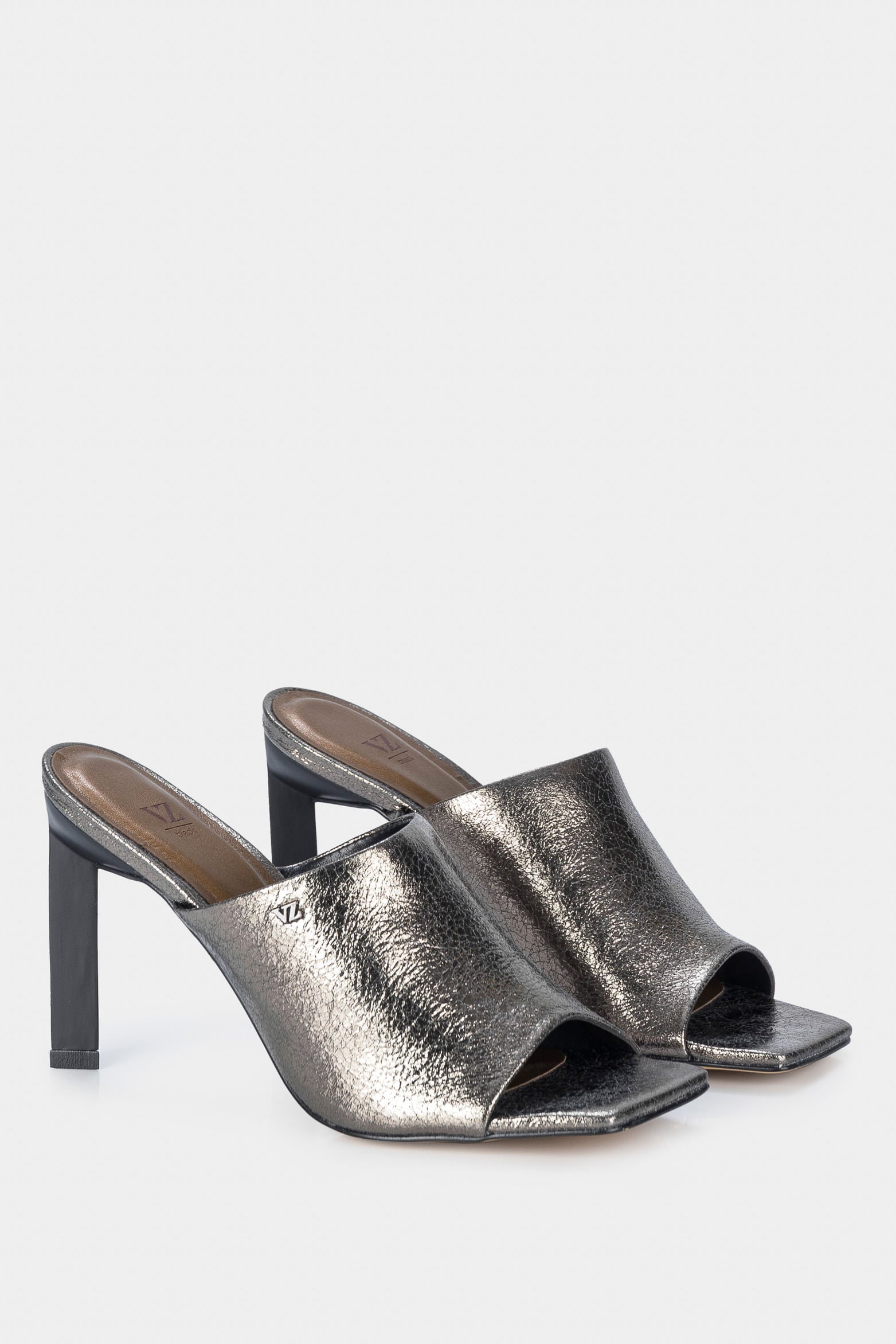 Women’s Ankara Heeled Mules in Black Metallized Leather with Square Toe