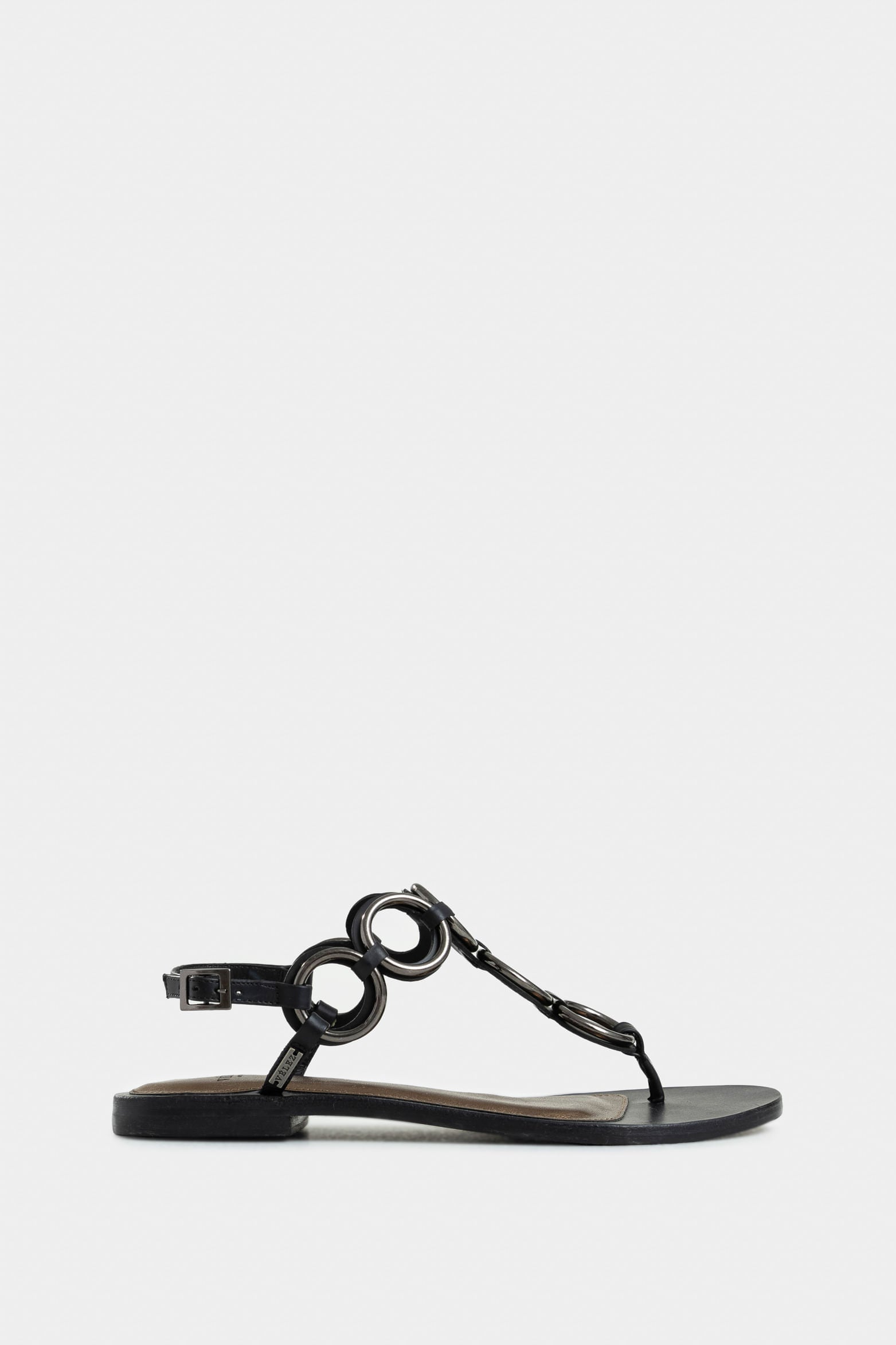 Women’s Topaz Flat Sandal in Black Leather with Metal Rings