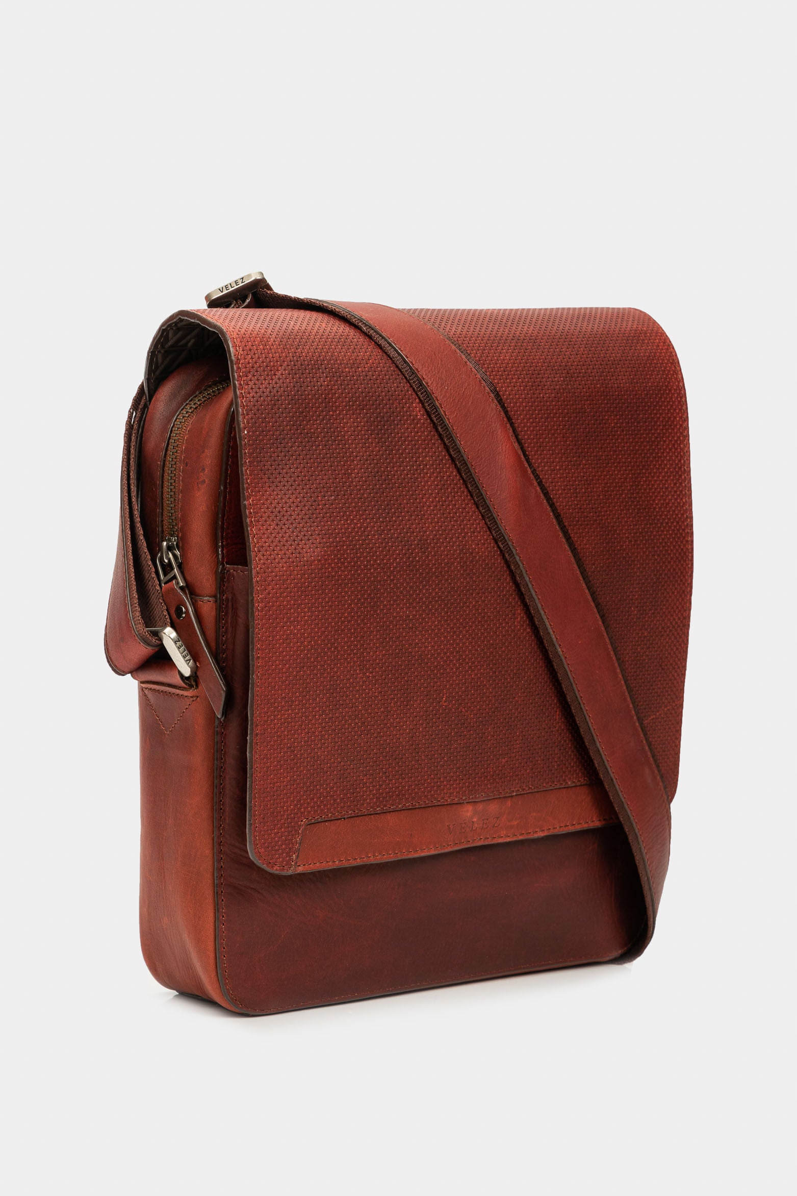 Men’s Crete Leather Shoulder Handbags in Black with Cross-Embossed Flap