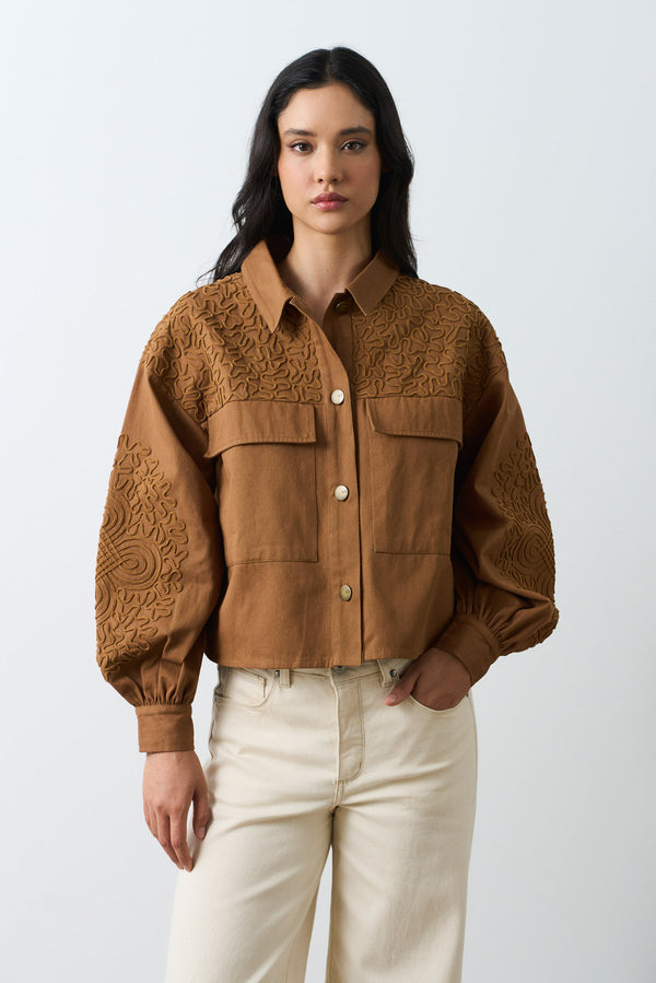 Aguamarina fabric jacket for women with suede embroidery