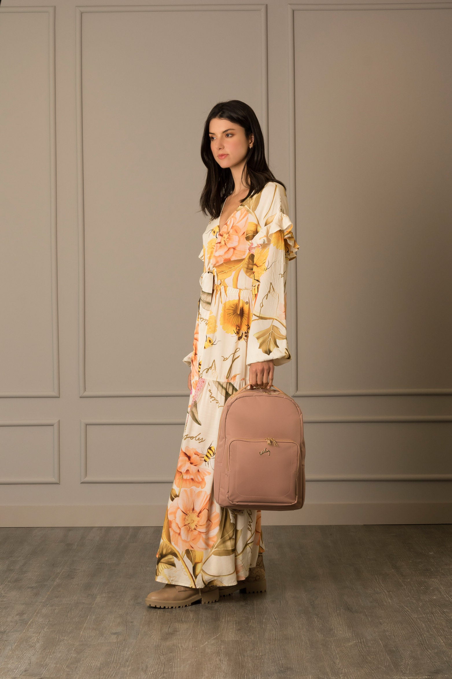 Women’s Purple Backpack in Nude-Colored Canvas with Leather Details and Padded Straps