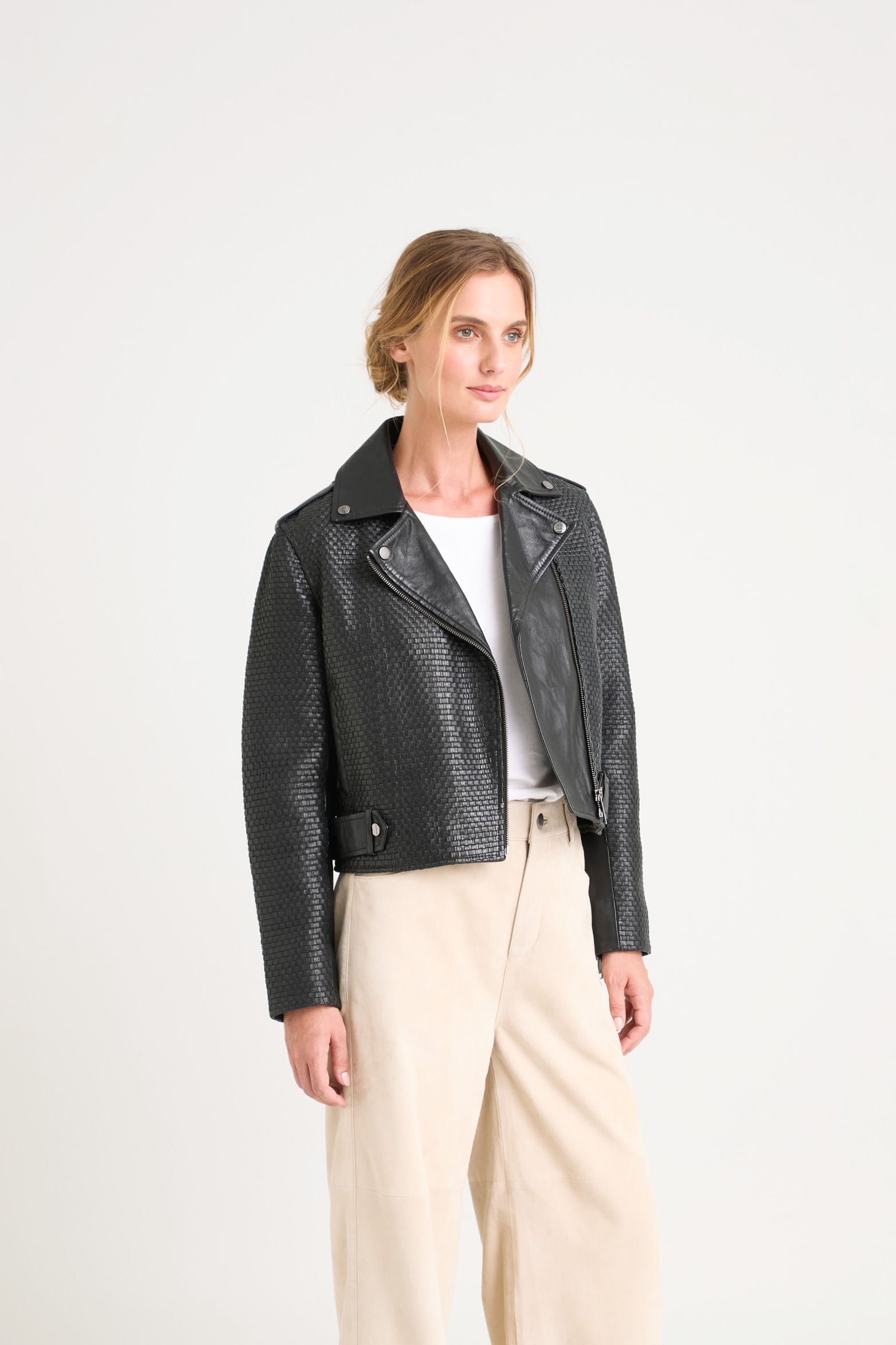 Claire Leather Woven Biker Jacket for Women – Velez Artisan