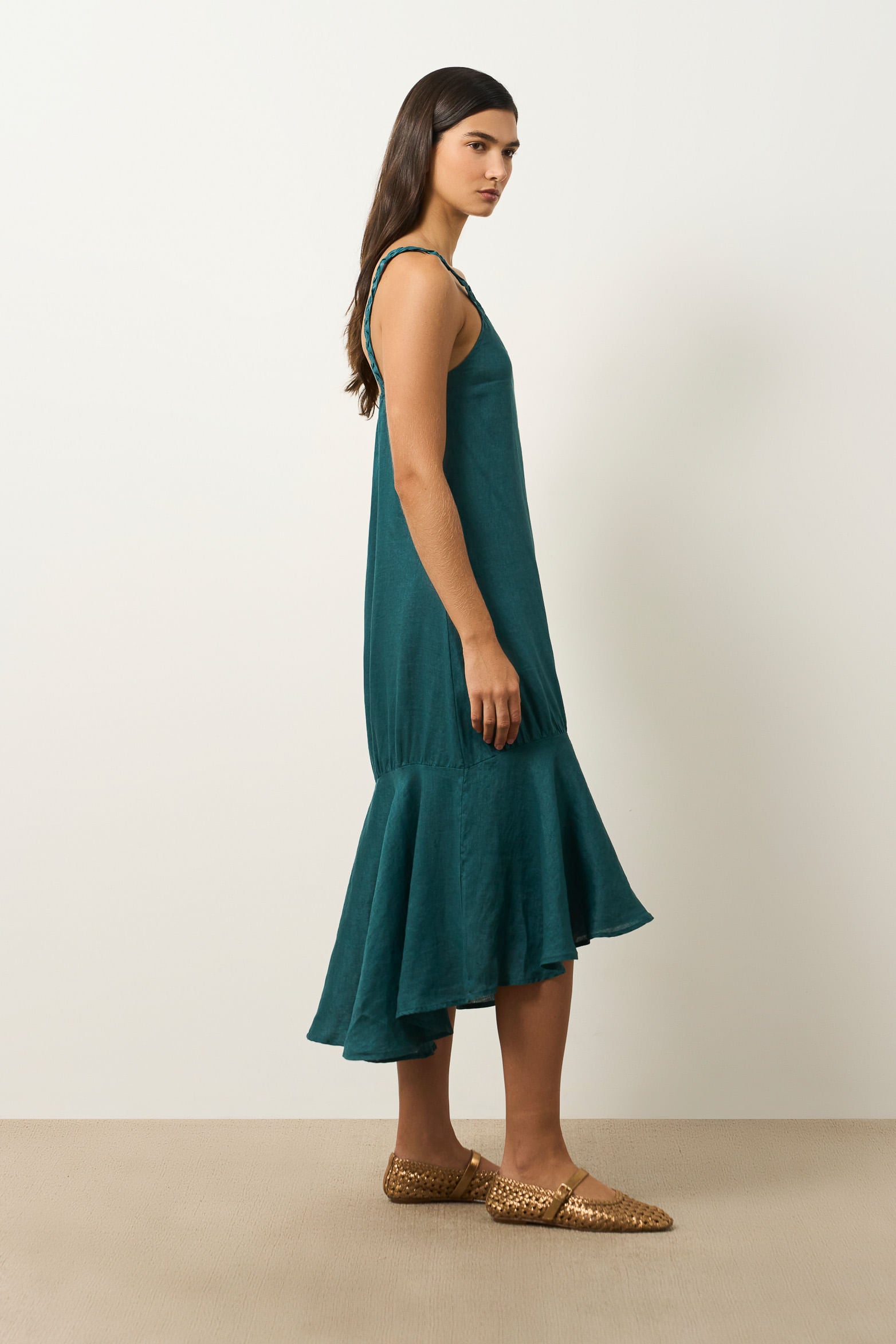Aurora midi linen dress for women with braided strap