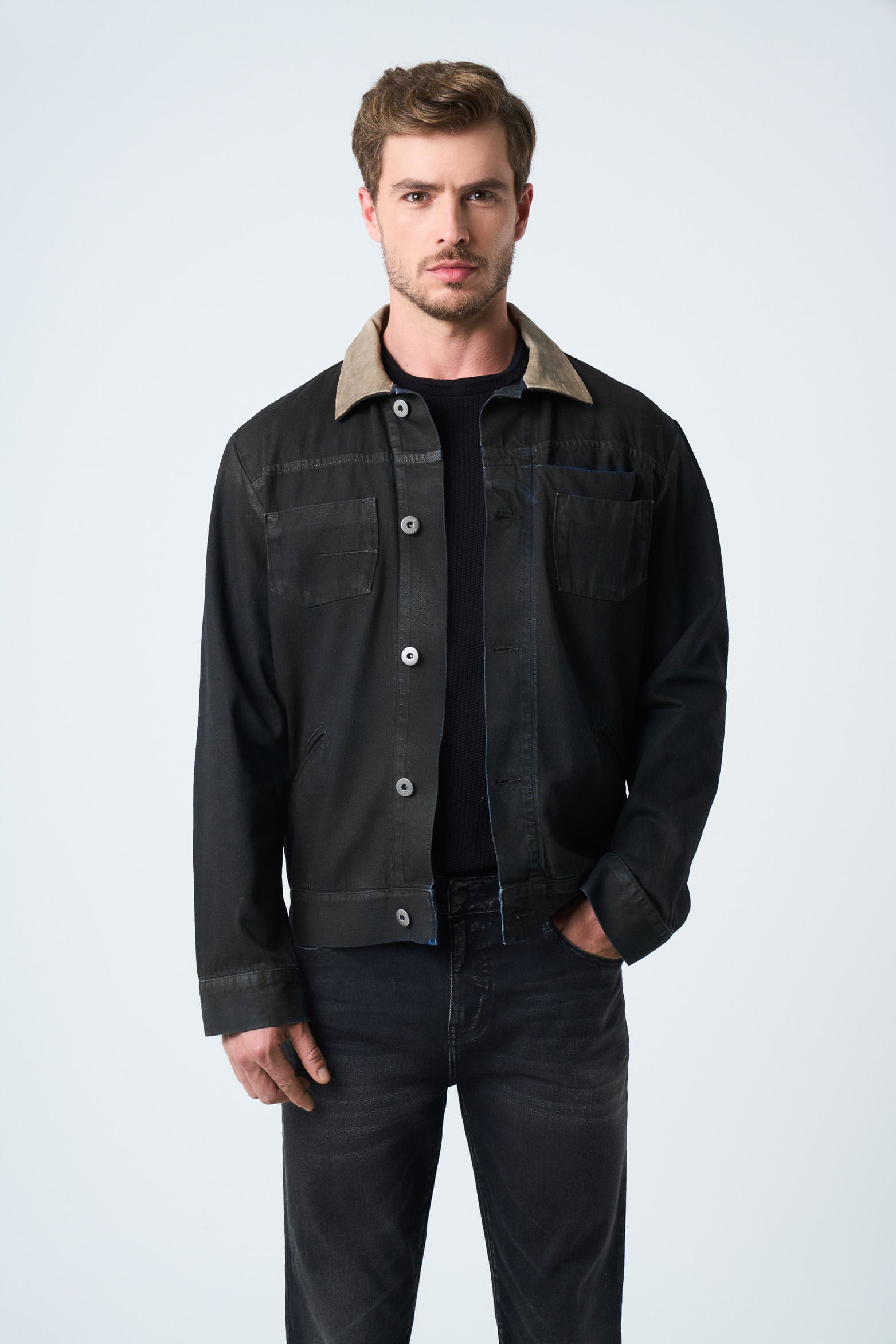 Lerna Jacket in Denim and Leather for Men, Trucker Silhouette