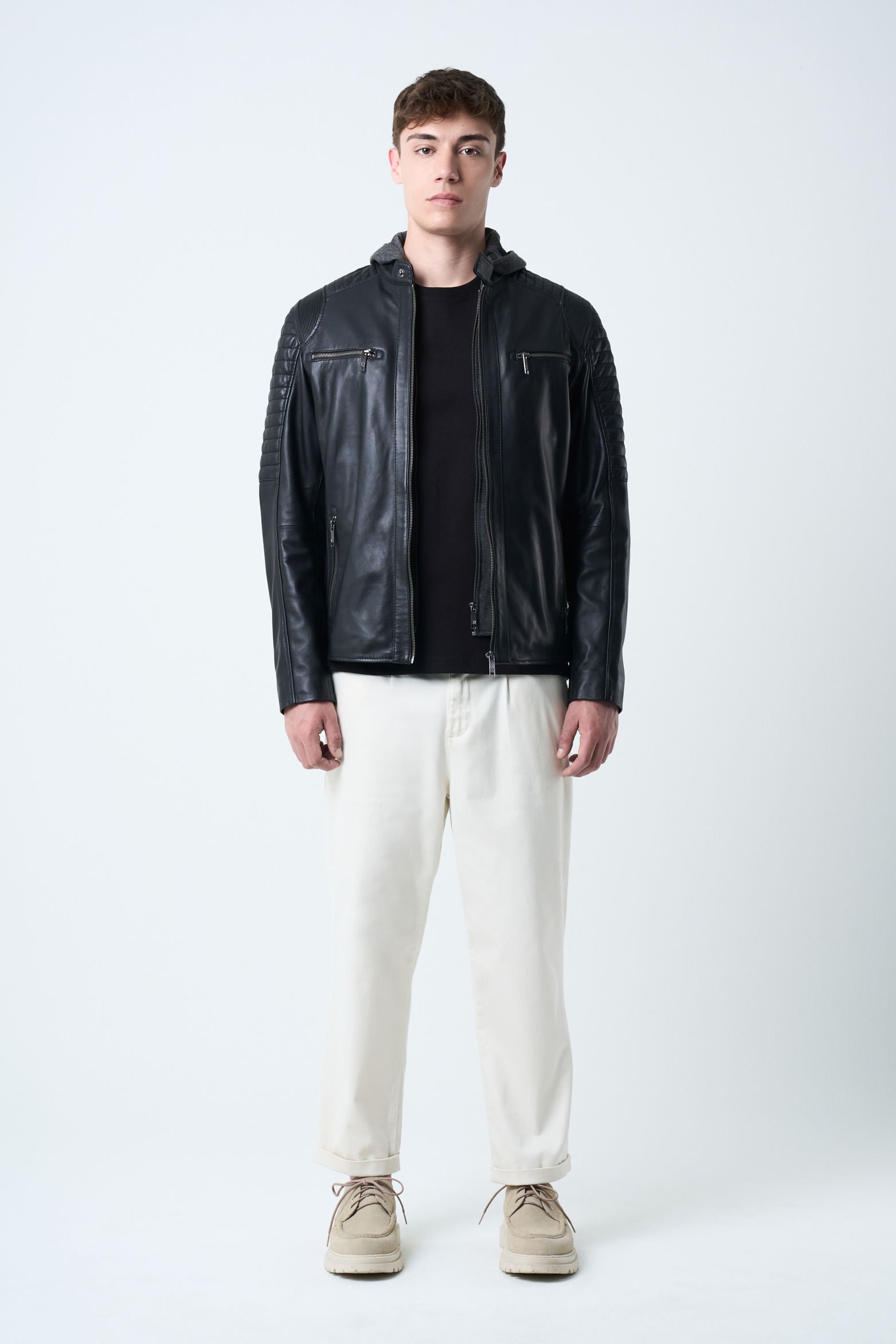 Belmont Leather Jacket for Men with Hood and Chestpiece – Velez