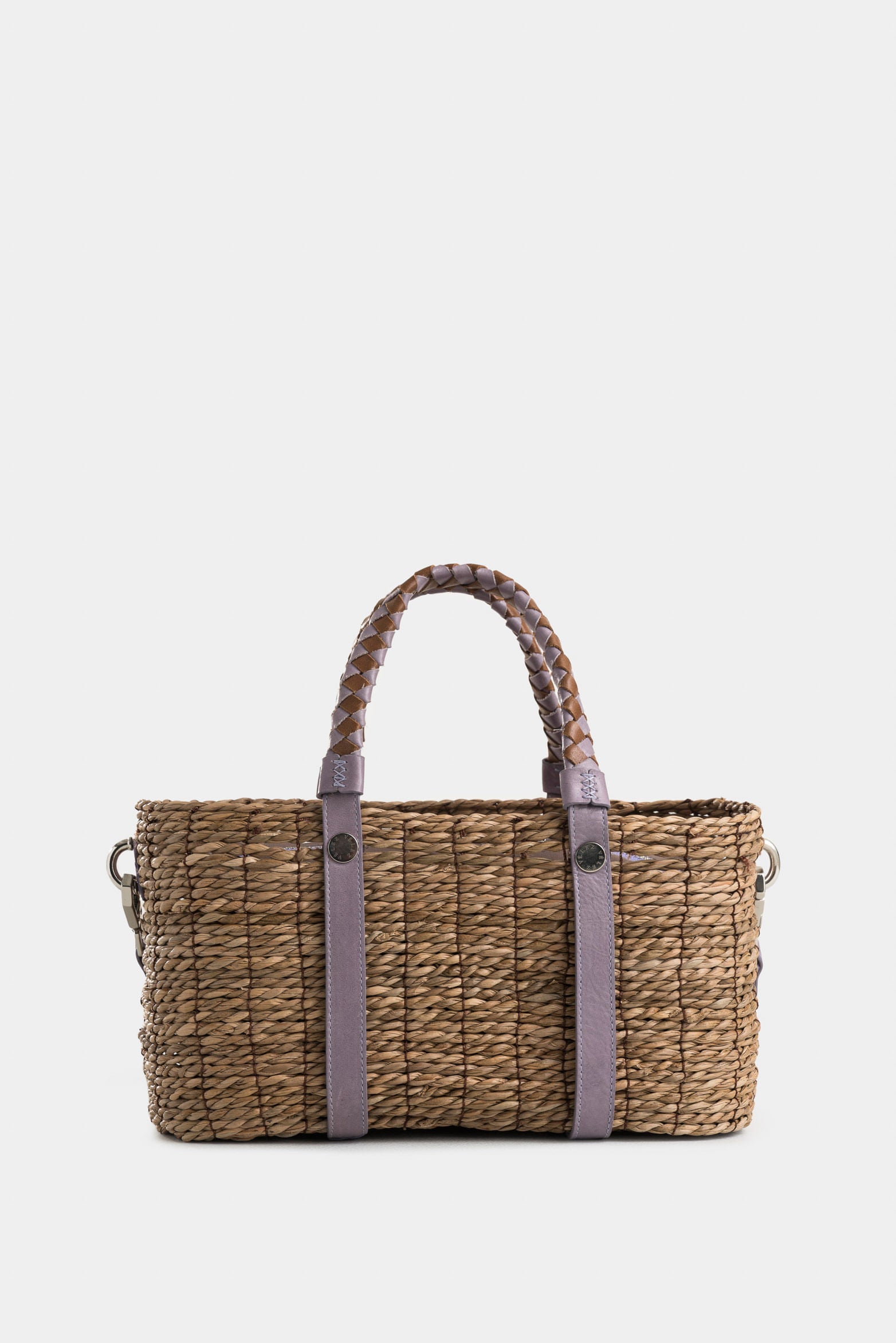 Natural Fiber Bowling Basket Bag with Braided Handle for Women in Lilac