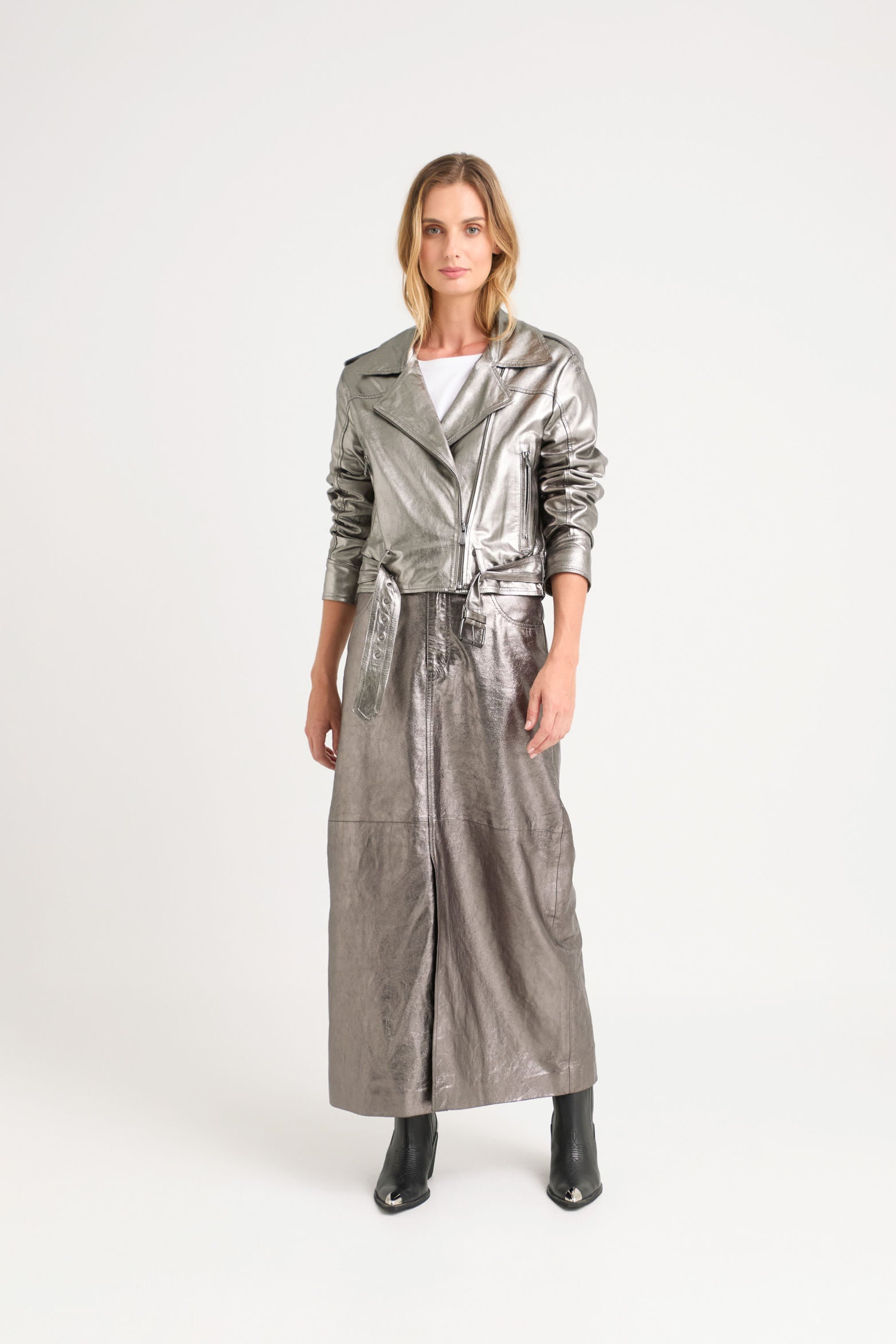 Metallic Finish Leather Biker Jacket for Women