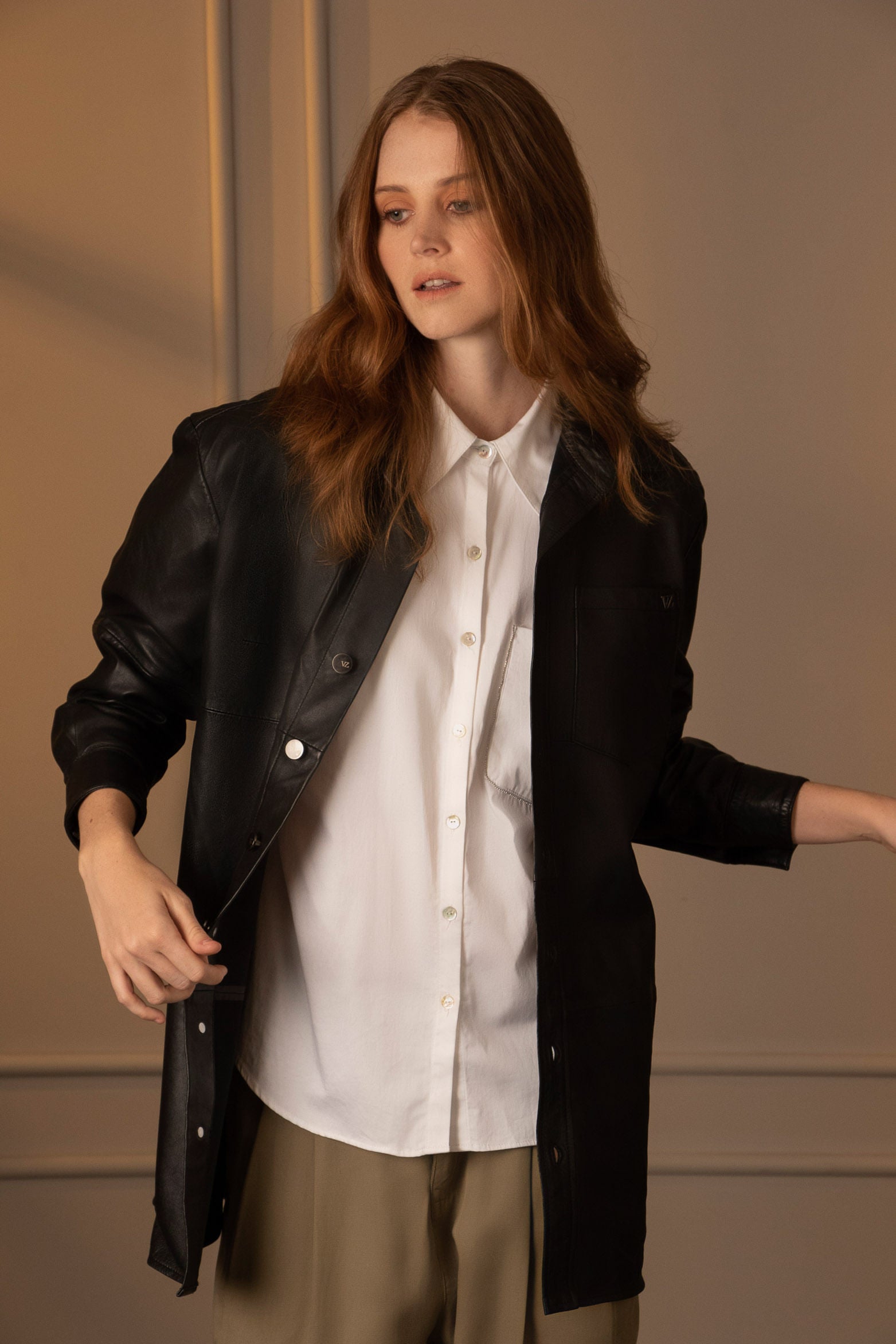 Women’s Long Sleeve Oversized Shirt in Black Leather