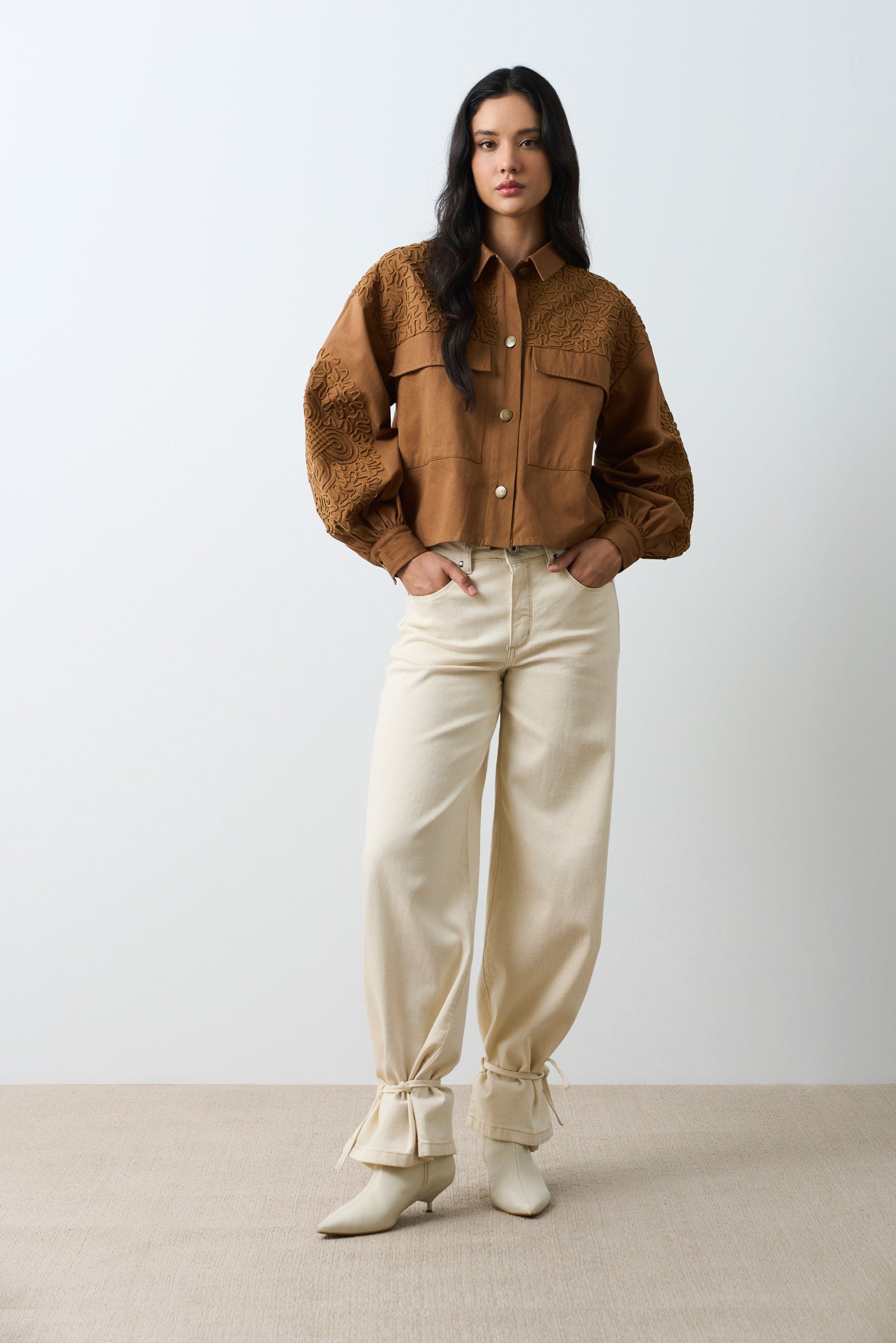 Aguamarina fabric jacket for women with suede embroidery