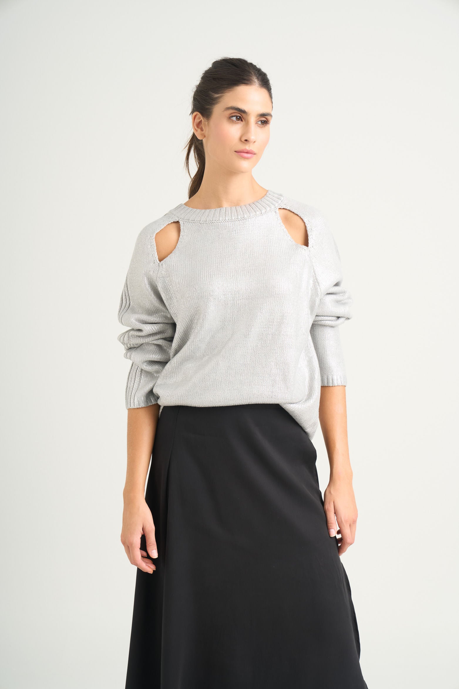 Star straight-knit sweater for women with metallic effect