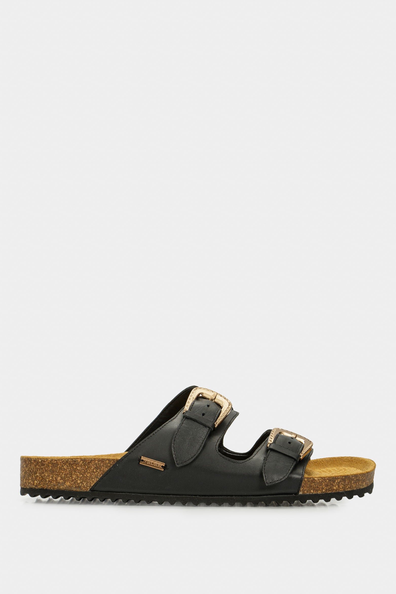 Women’s Pilos Flat Sandal in Black Leather with Cork Sole