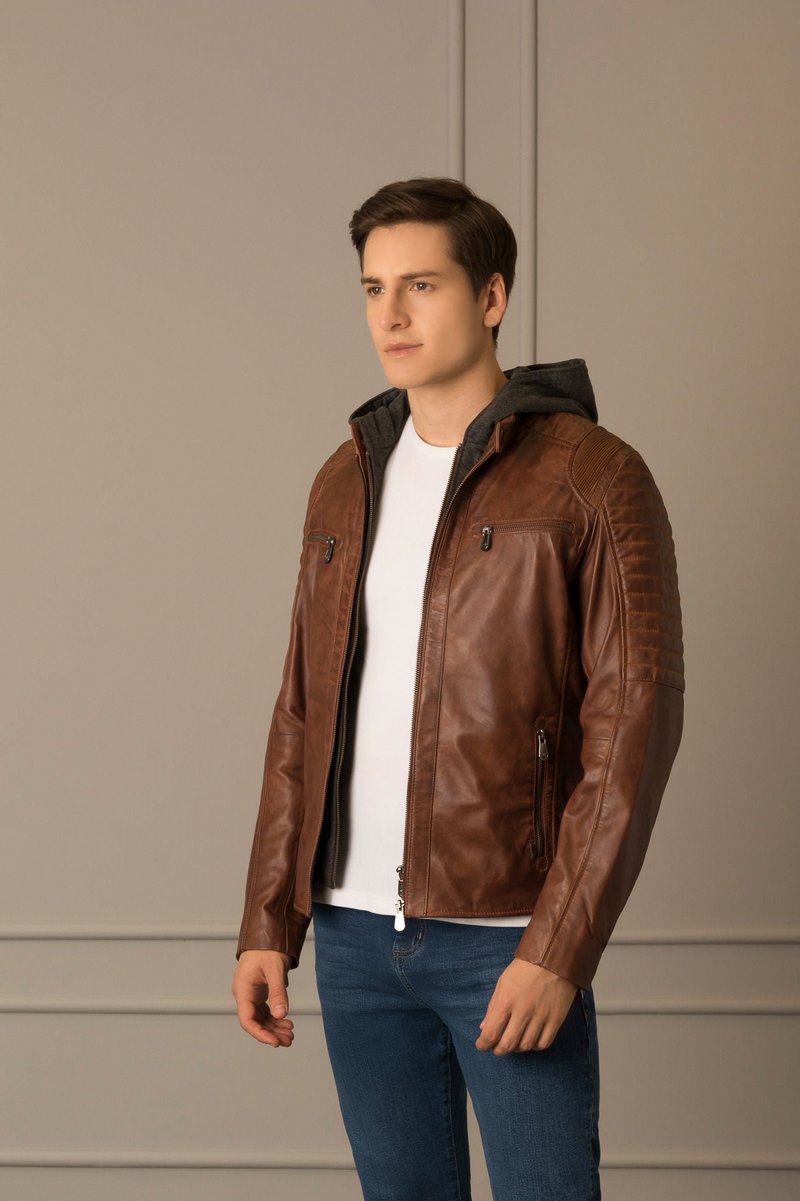 Men`s Belmont Leather Jacket  with Hood and Chest Pocket