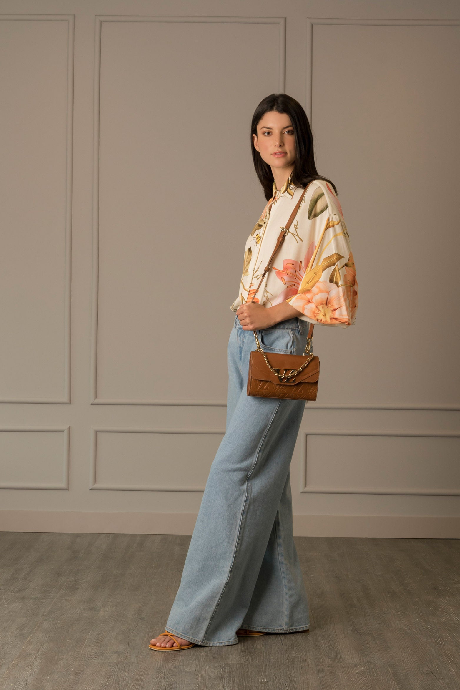 Lili Mini Shoulder Handbags in Embossed VZ Honey-Colored Leather