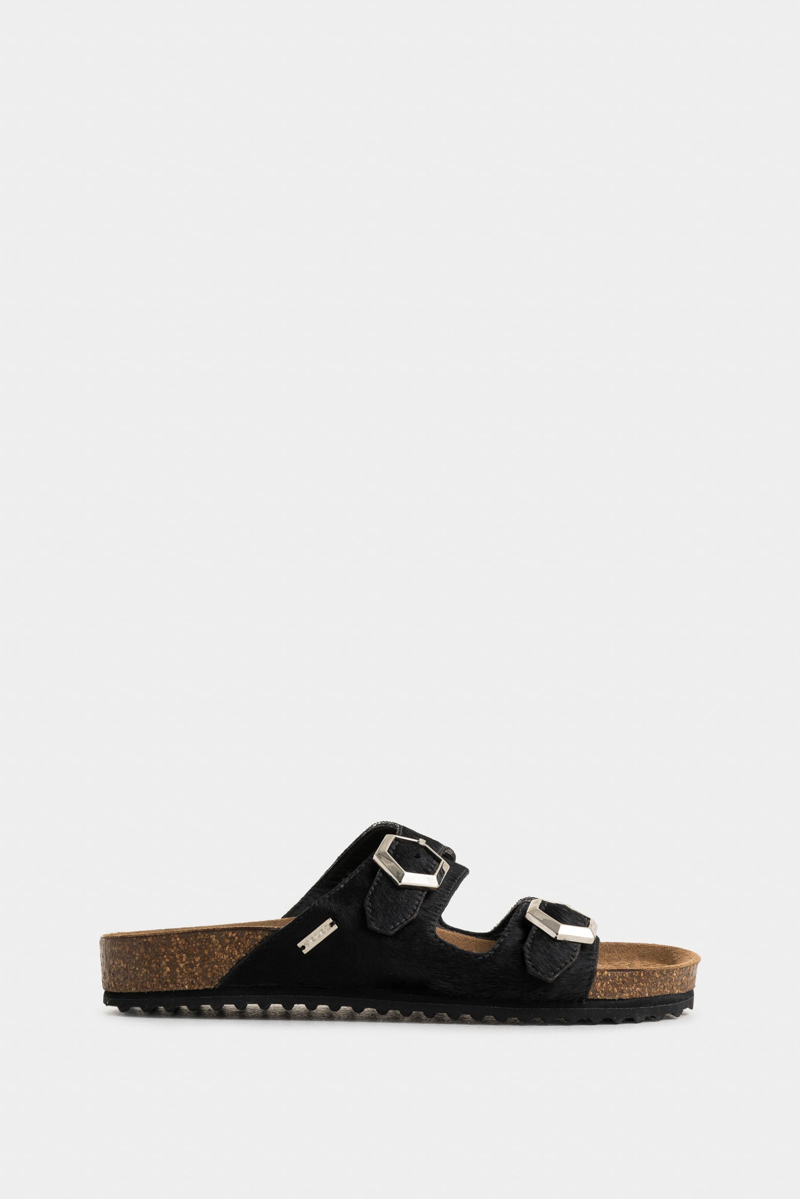 Flat Sandal in Fur Leather for Women with Hexagonal Buckles