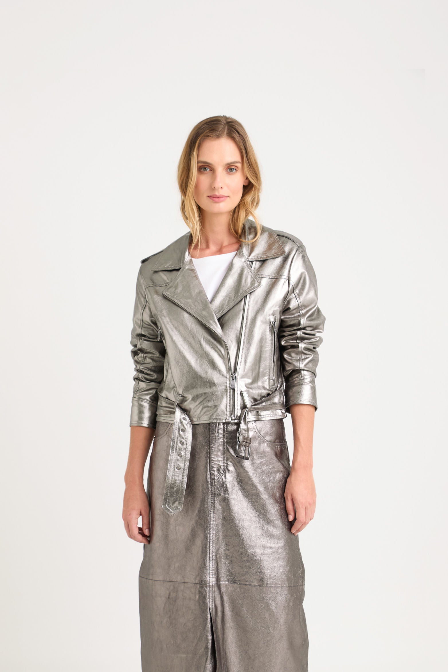 Metallic Finish Leather Biker Jacket for Women