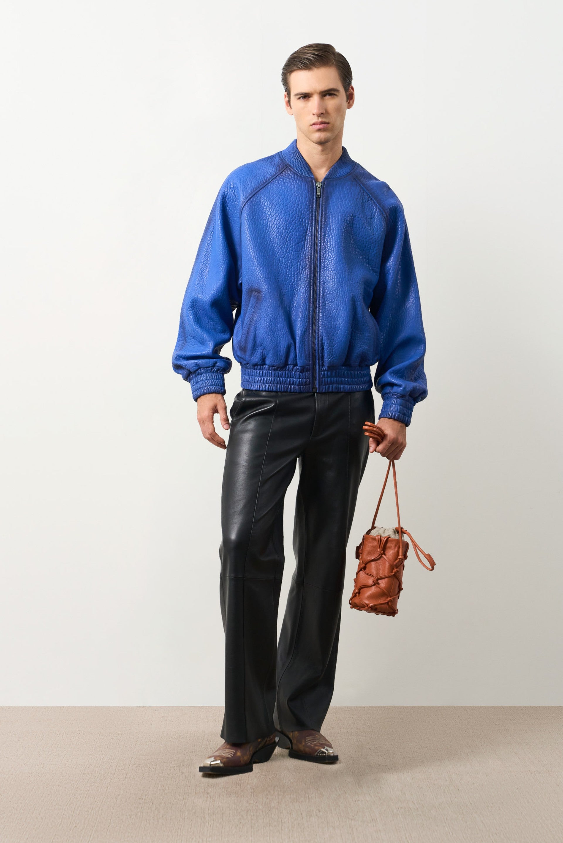 Calypso Textured Leather Bomber Jacket for Men