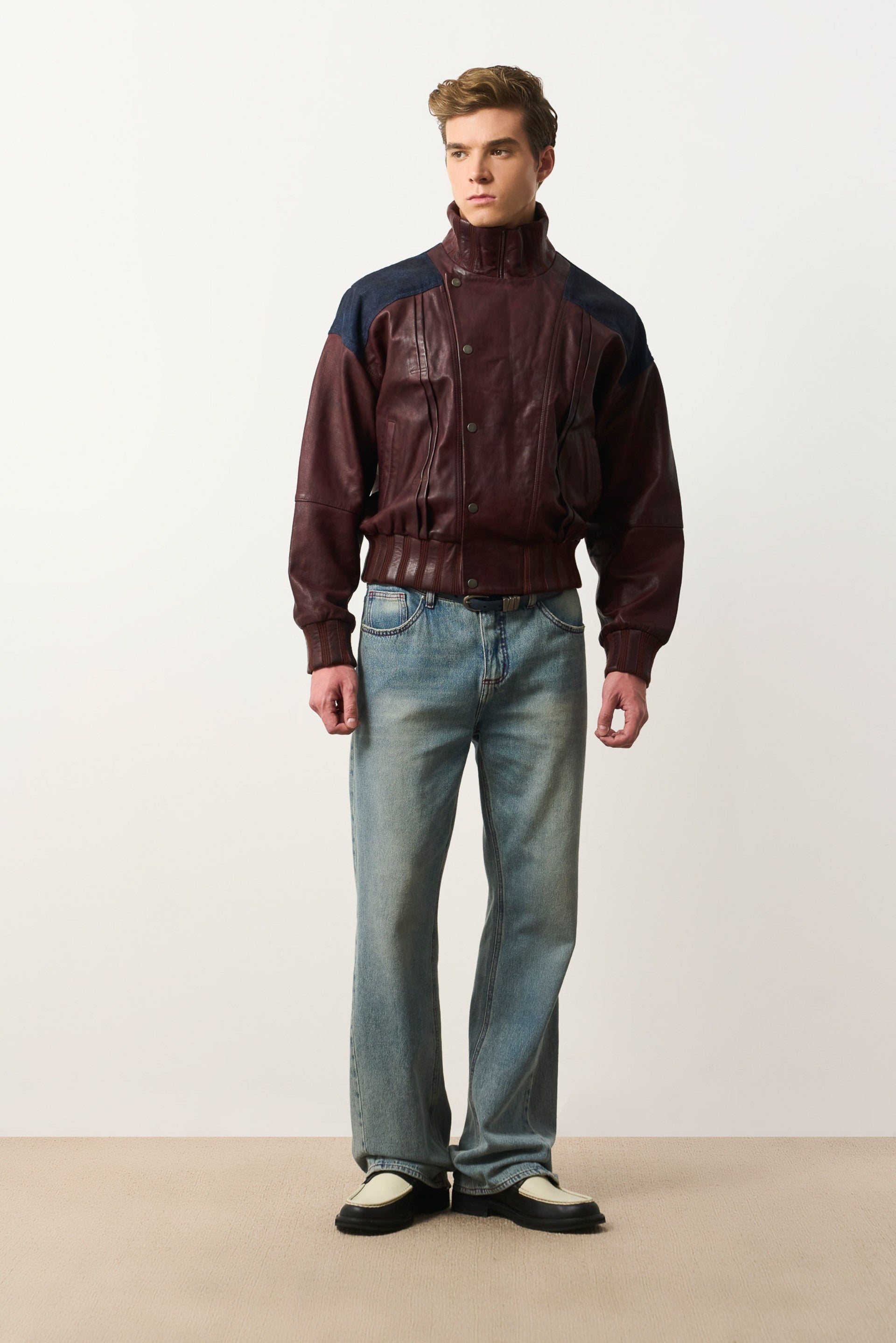 Men's Leather & Denim Bomber Jacket