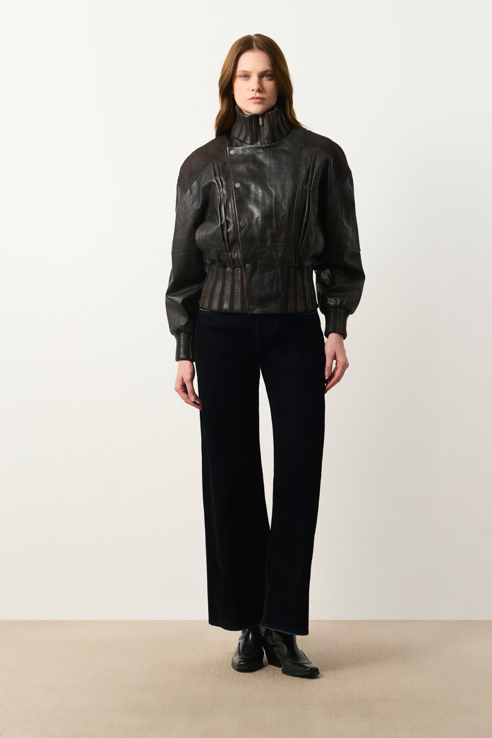 Women's Leather & Denim Bomber Jacket