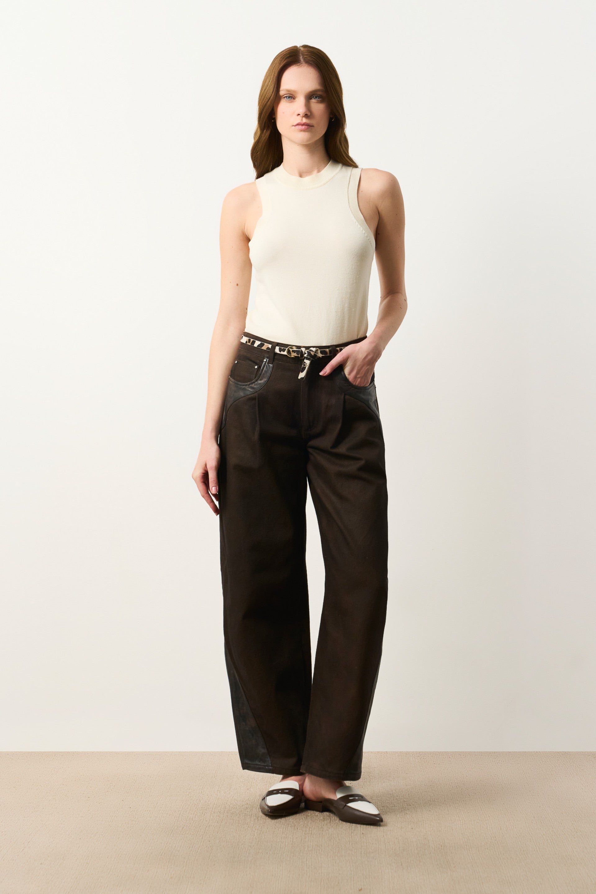 Women's Leather & Denim Barrel Jeans